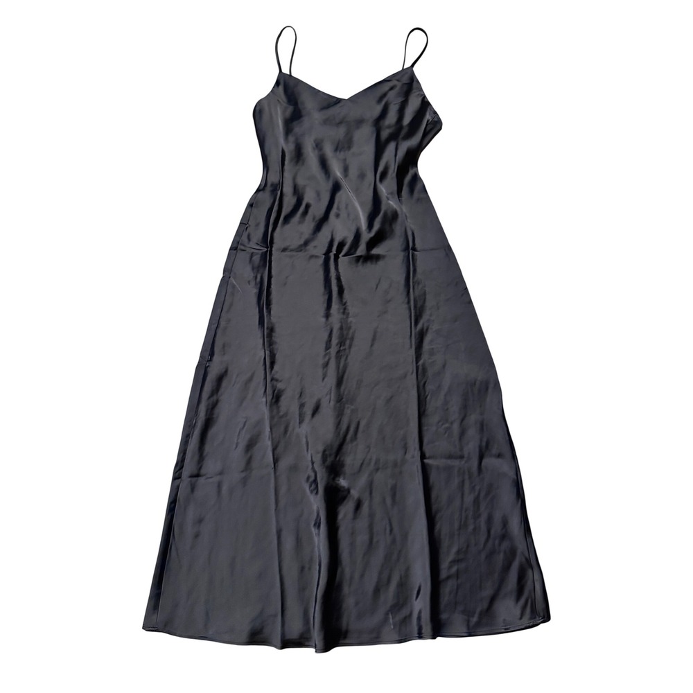 Oak + Fort Black Satin Slip Dress V-Neck Spaghetti Strap Midi XS